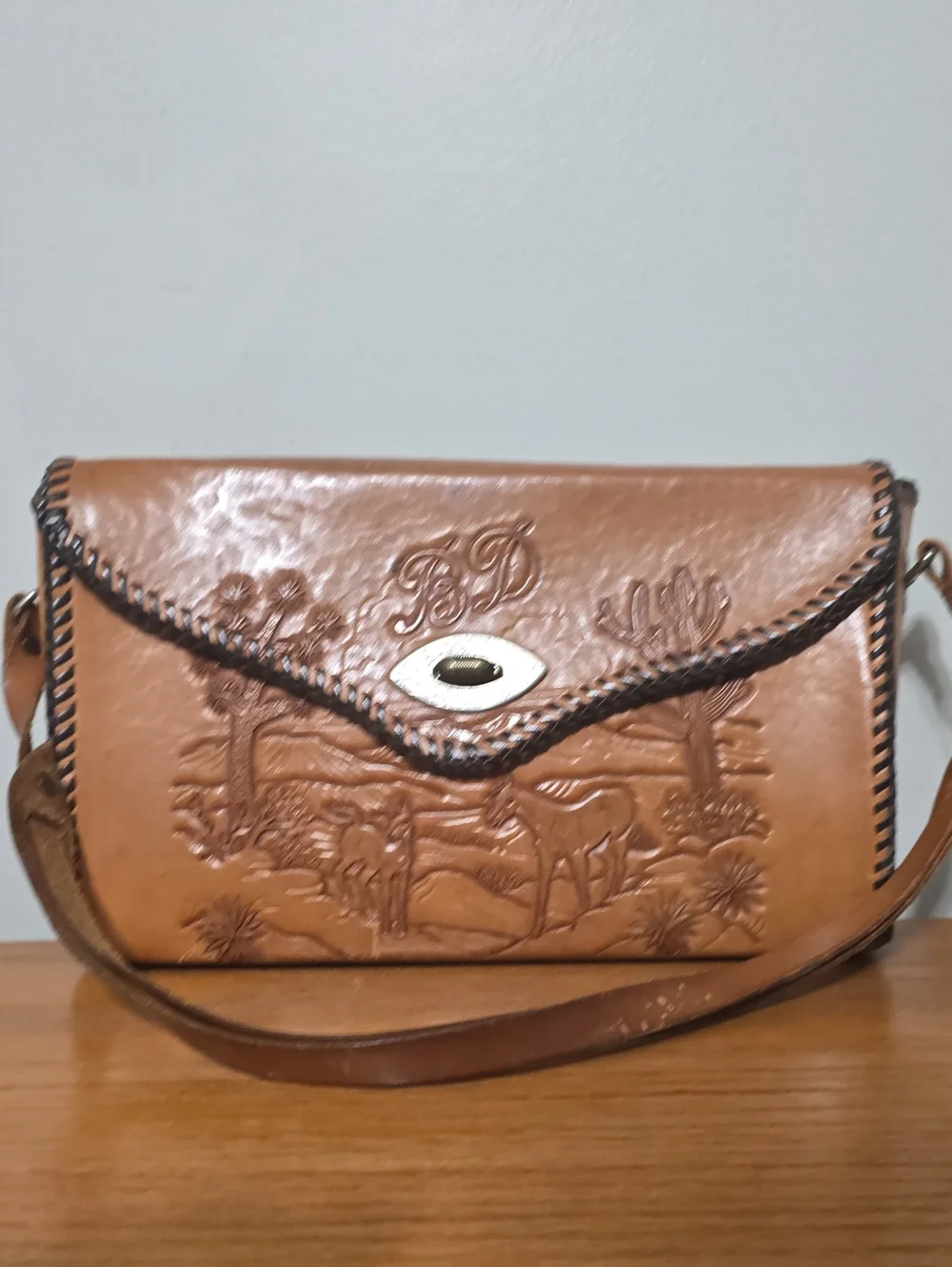 Hand-Tooled Brown Leather Crossbody Bag